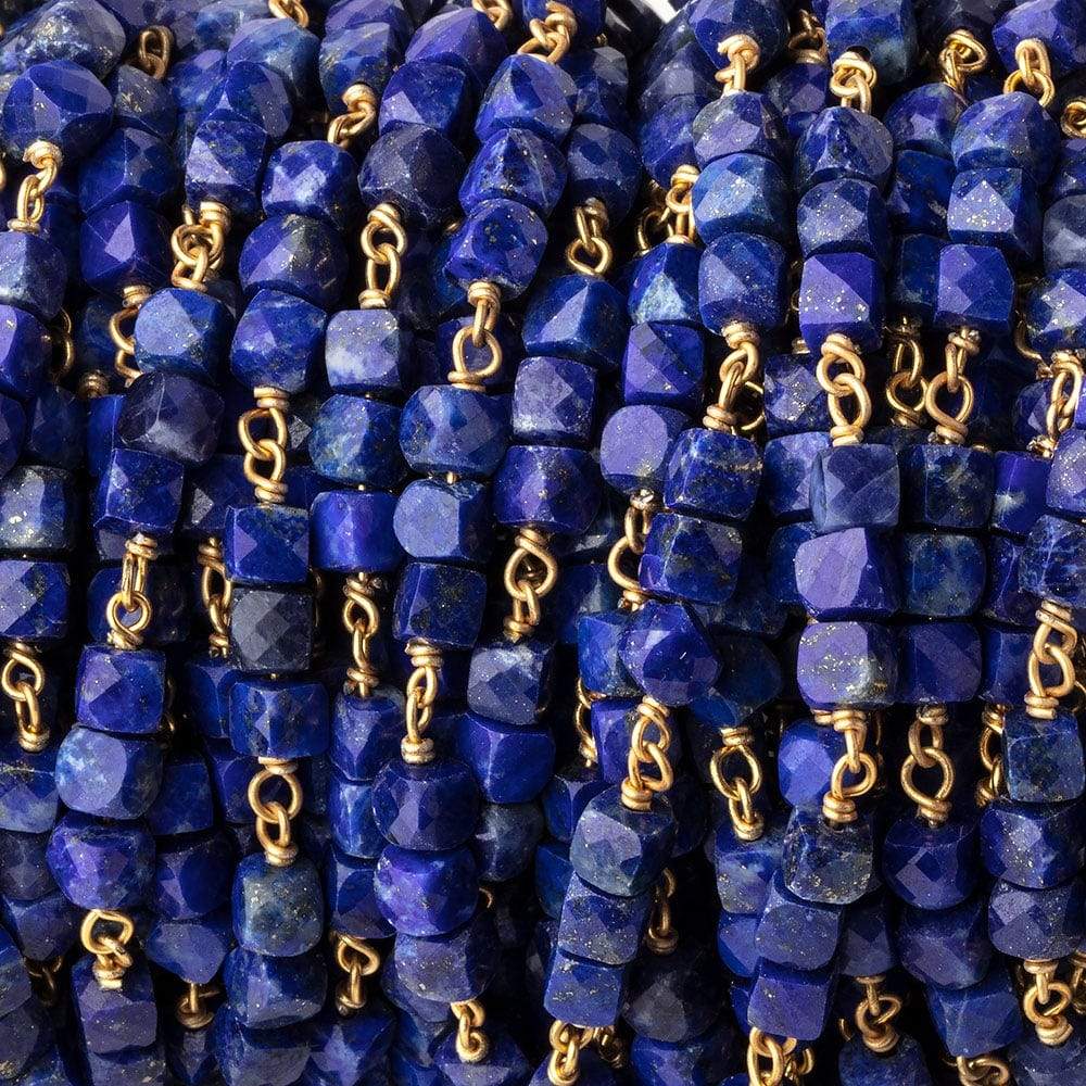 4mm Lapis Lazuli Micro Faceted Cube Gold Plated Chain by the Foot - Beadsofcambay.com