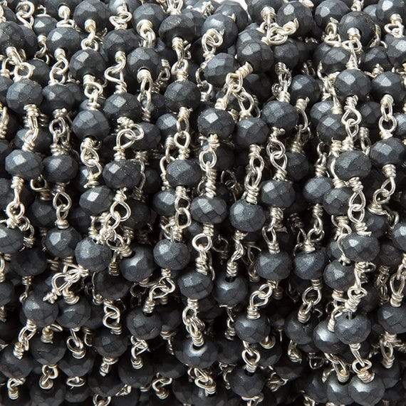 4mm Matte Hematite faceted rondelle Silver plated Chain by the foot 34 pcs - Beadsofcambay.com