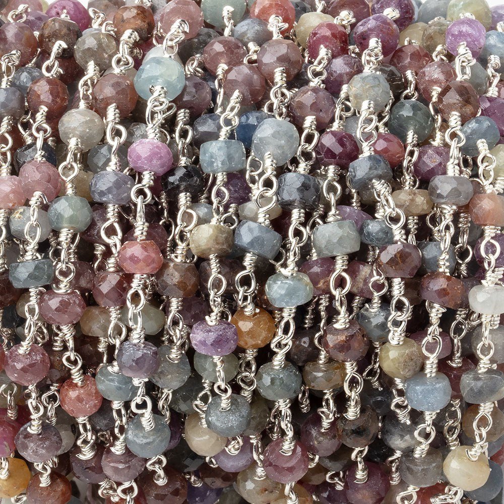 4mm Multi Color Sapphire Faceted Rondelles on Silver Plated Chain - Beadsofcambay.com