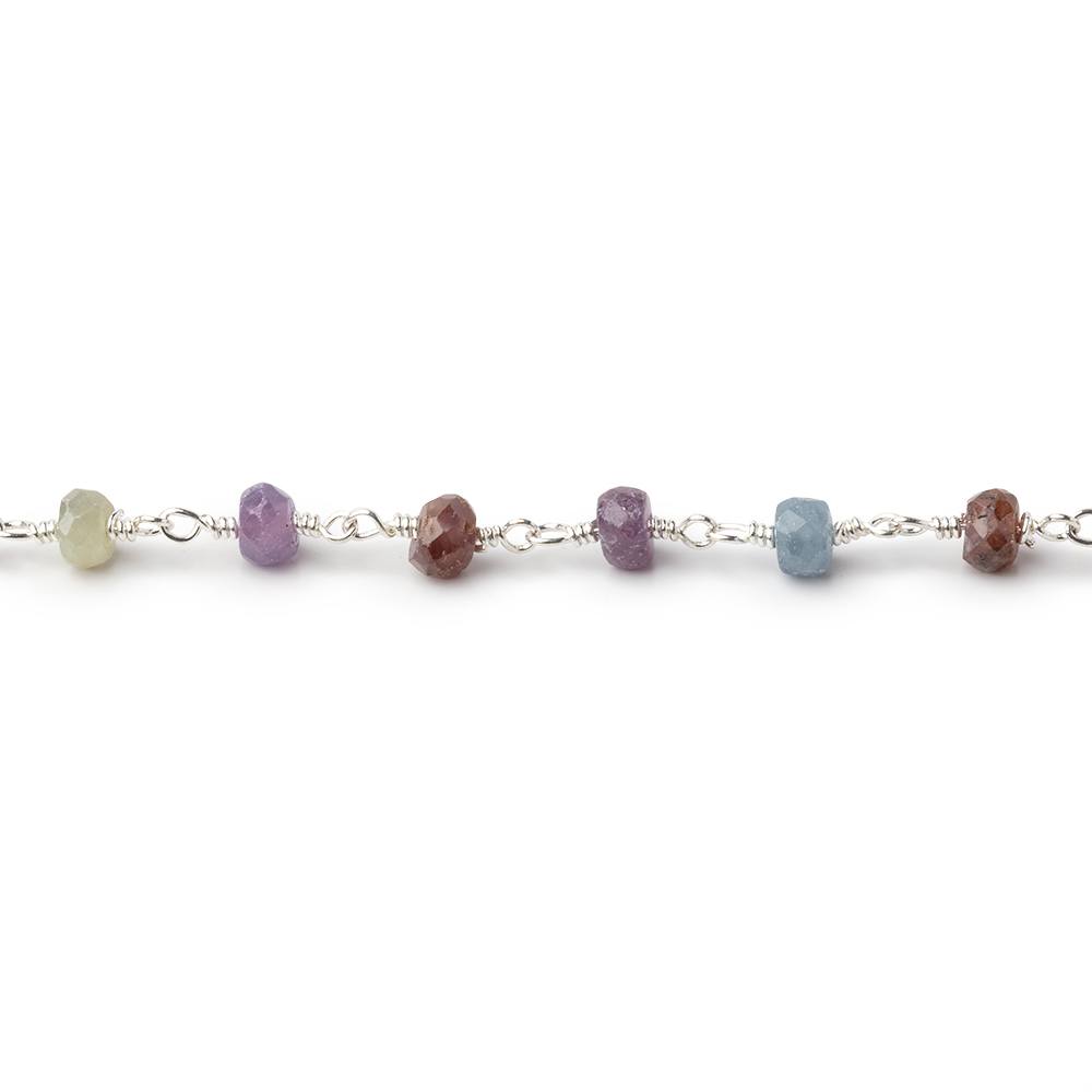 4mm Multi Color Sapphire Faceted Rondelles on Silver Plated Chain - Beadsofcambay.com