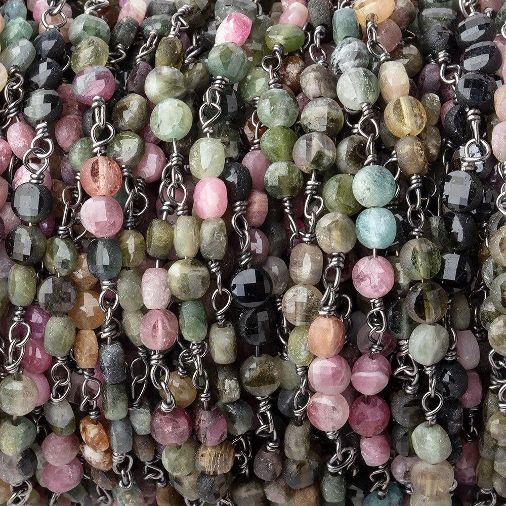 4mm Multi Color Tourmaline Faceted Coin Trio Black Gold Chain by the Foot 51 beads - Beadsofcambay.com