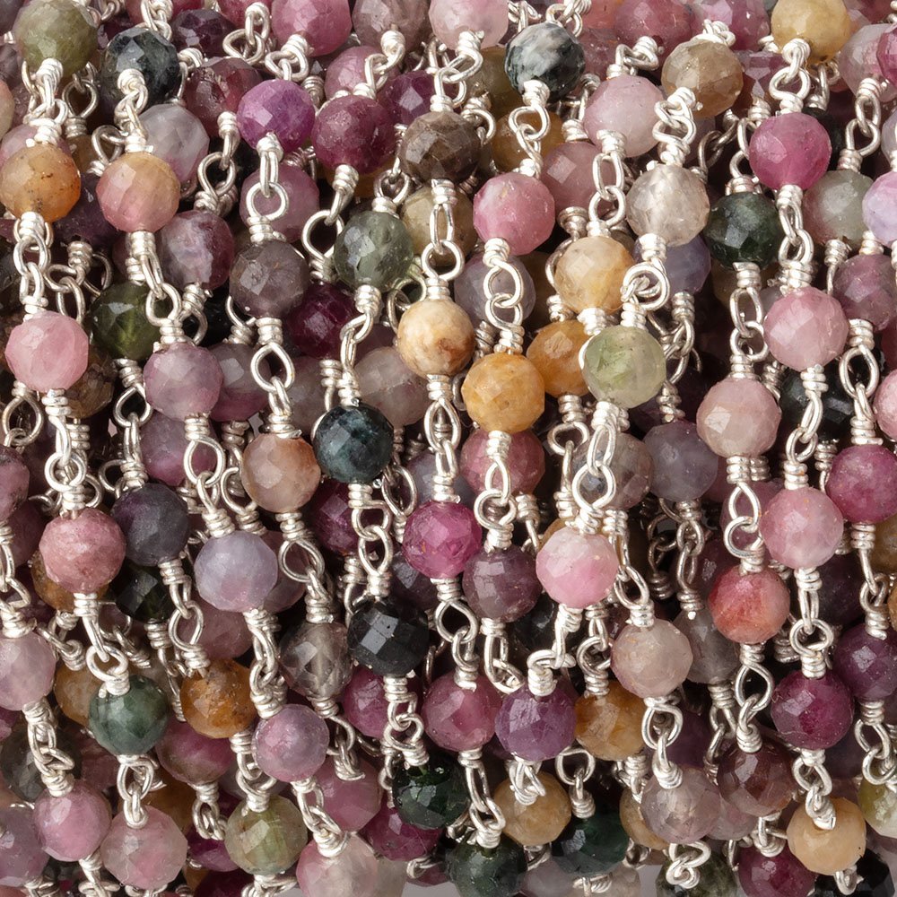 4mm Multi Color Tourmaline Micro Faceted Rounds on Silver Plated Chain - Beadsofcambay.com