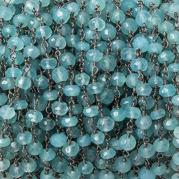 4mm Seafoam Blue Chalcedony faceted rondelle Black Gold Chain by the foot 33 beads - Beadsofcambay.com