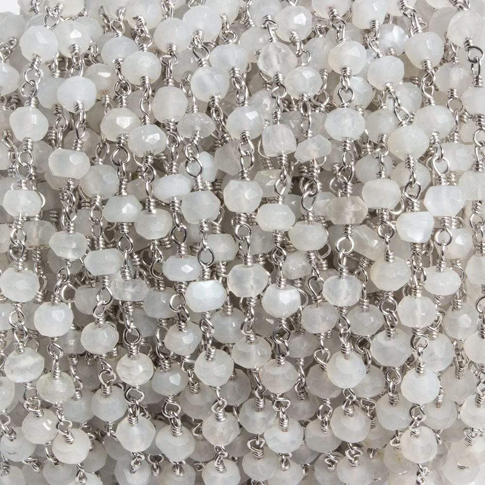 4mm White Moonstone faceted rondelle Silver Chain by the foot 34 pieces - Beadsofcambay.com