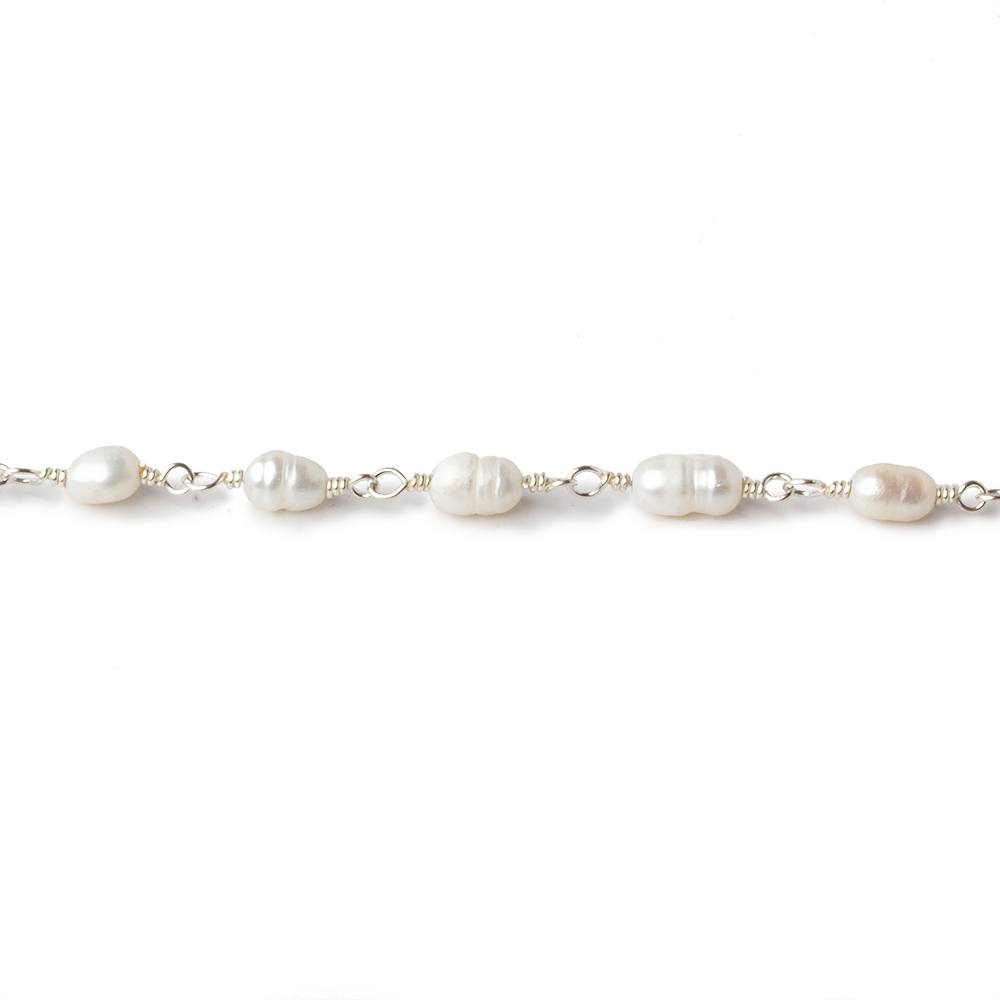 4x5-3x4mm White Straight Drill Baroque Pearl Silver plated Chain by the foot 27 pcs - Beadsofcambay.com