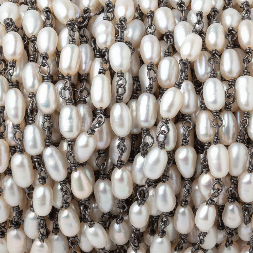5-6mm White Oval Freshwater Pearls on Black Gold .925 Chain - Beadsofcambay.com