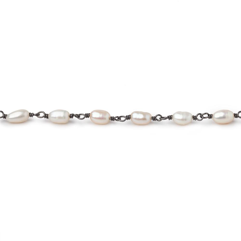 5-6mm White Oval Freshwater Pearls on Black Gold .925 Chain - Beadsofcambay.com