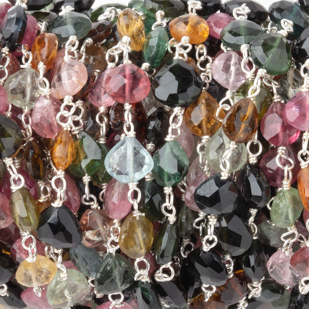 5.5-6.5mm Multi Color Tourmaline Faceted Hearts on Sterling Silver Chain - Beadsofcambay.com