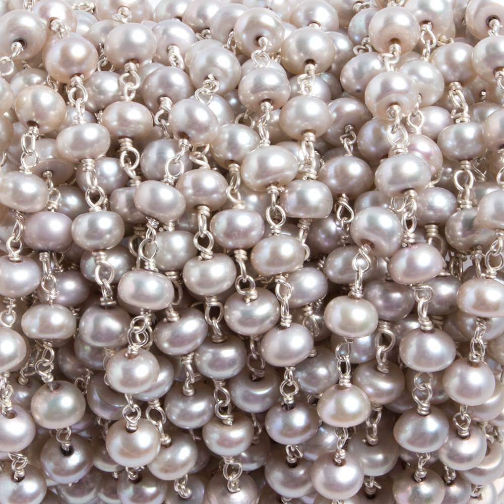 5.5mm Pink Silver Button Pearl .925 Silver Chain by the foot 36 pieces - Beadsofcambay.com