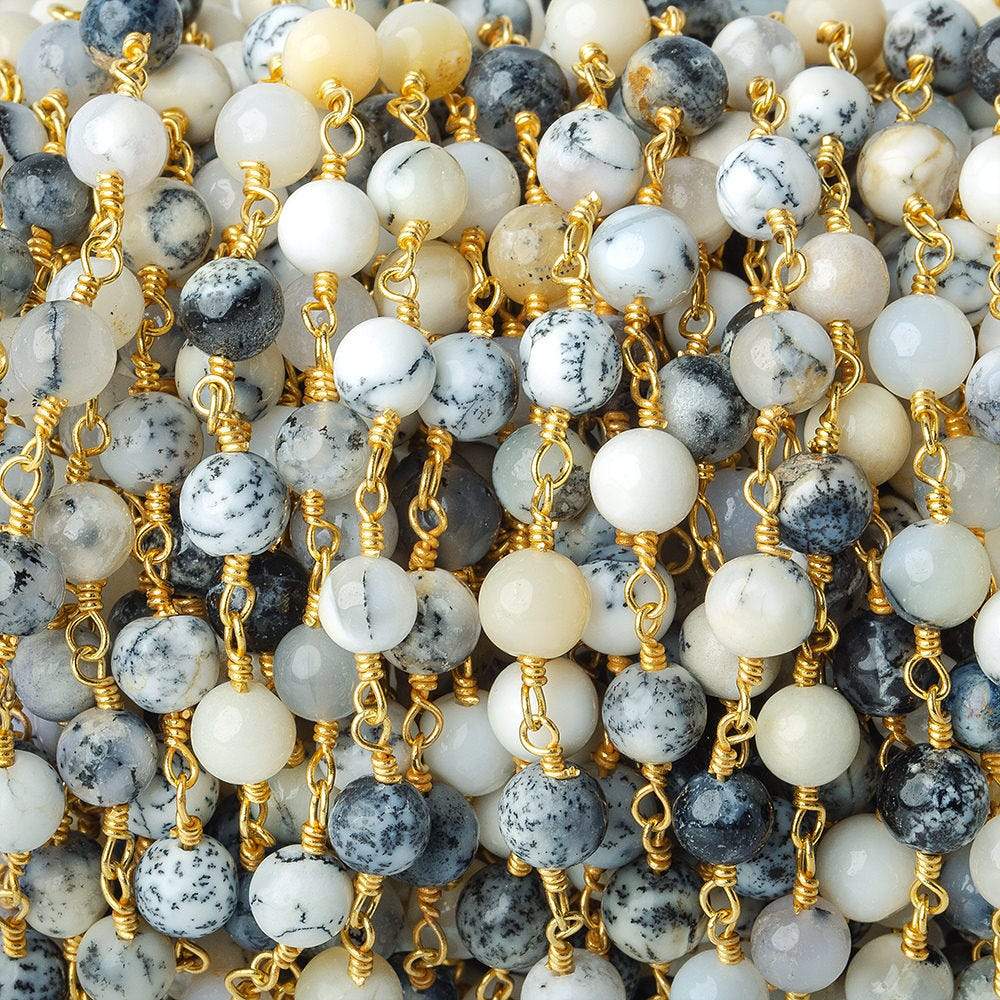 5mm Dendritic Opal plain round Gold plated Chain by the foot - Beadsofcambay.com