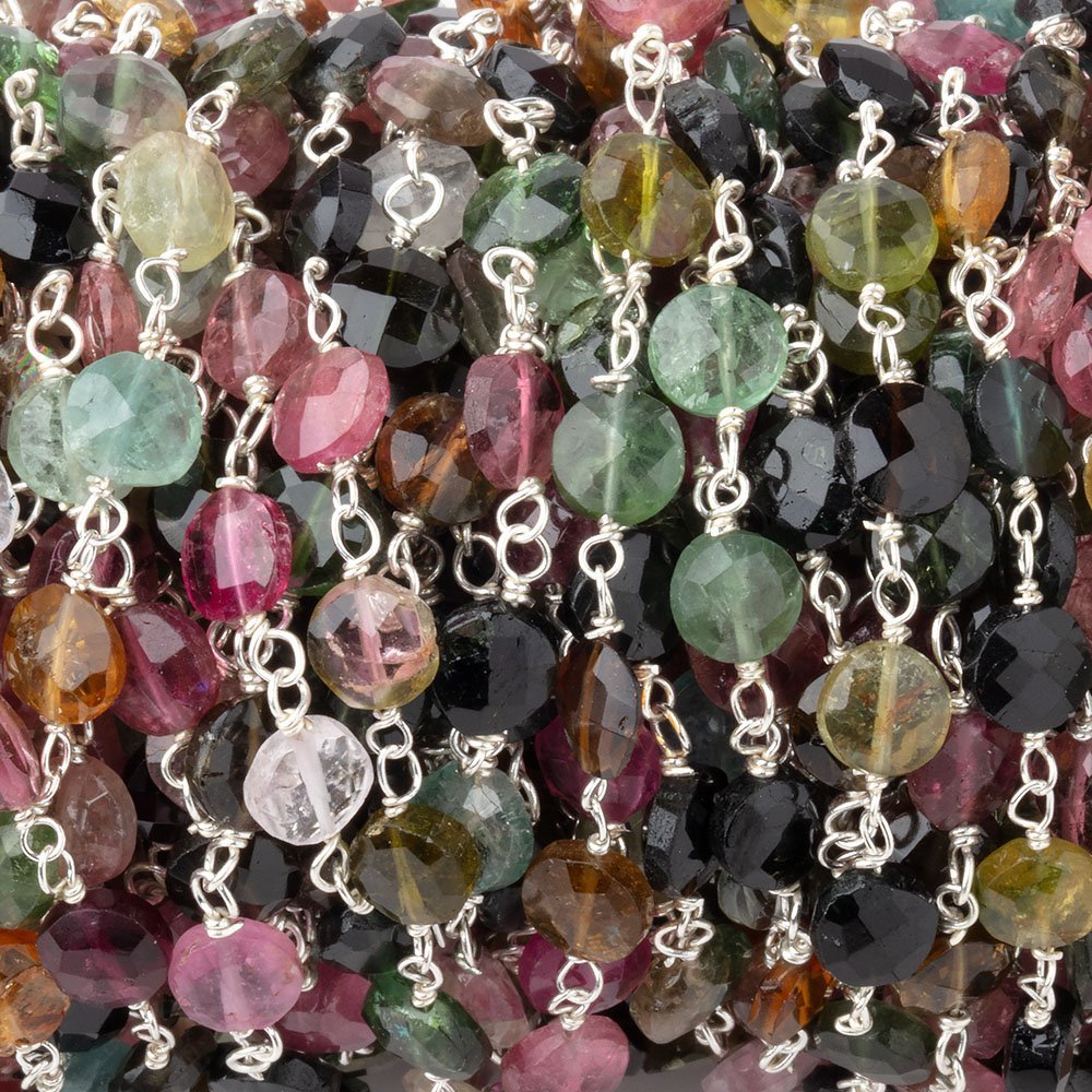 5mm Multi Color Tourmaline Faceted Coins on Sterling Silver Chain - Beadsofcambay.com
