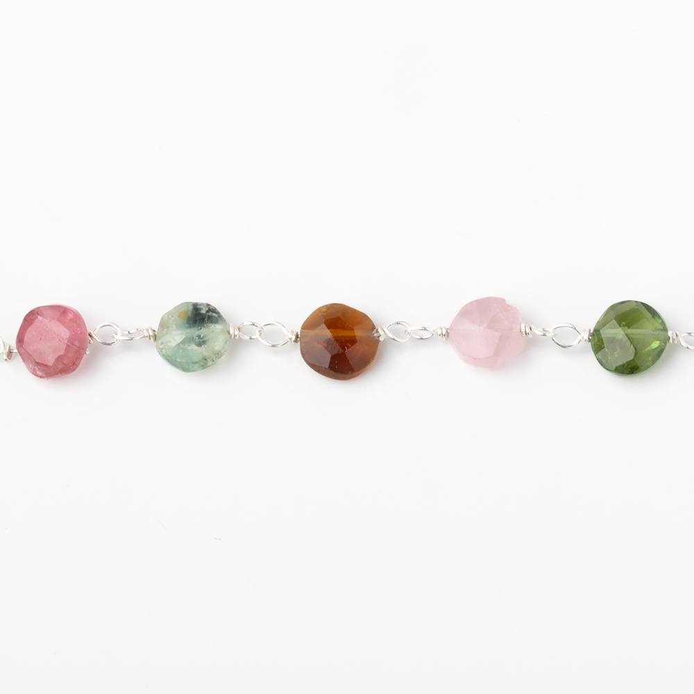 5mm Multi Color Tourmaline Faceted Coins on Sterling Silver Chain - Beadsofcambay.com