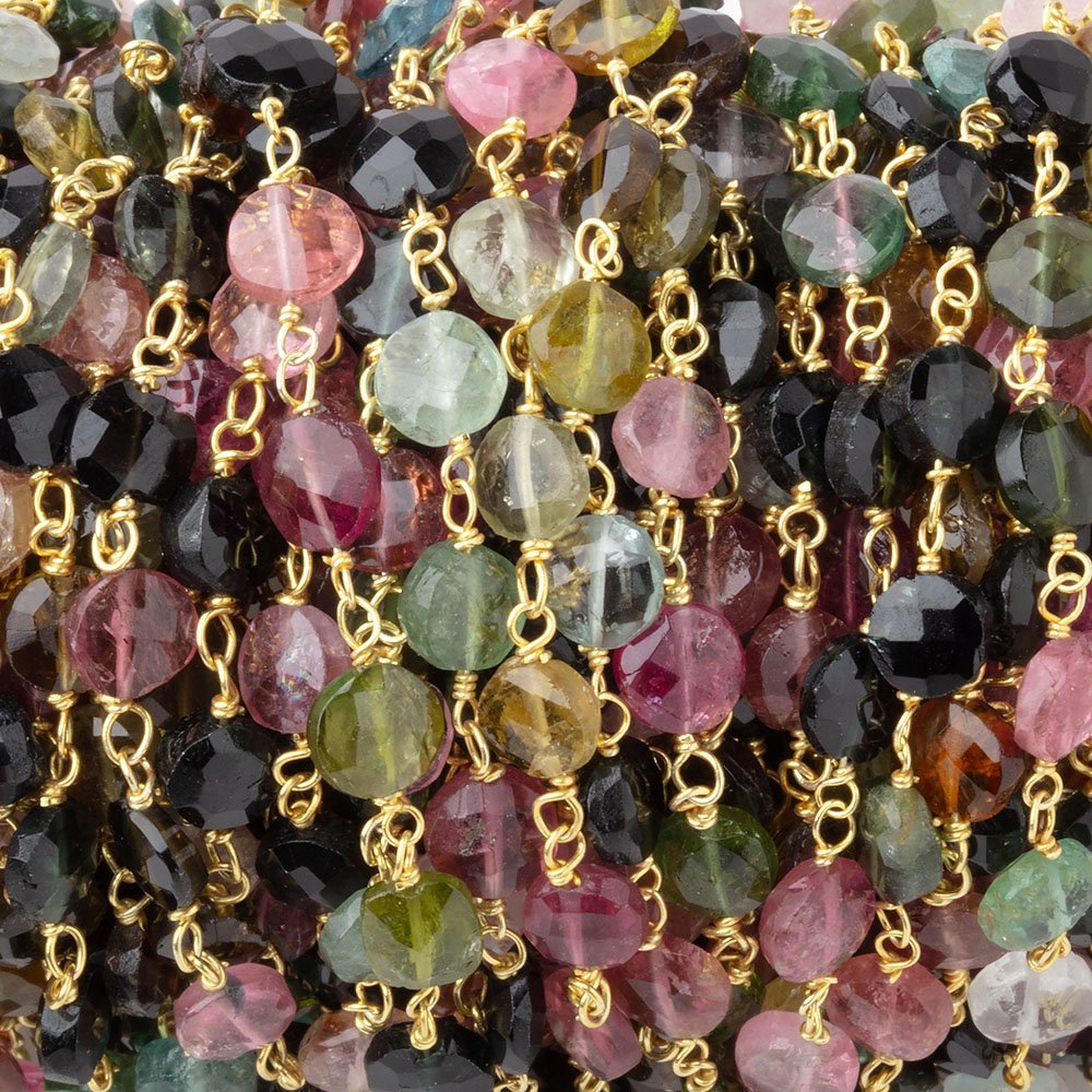 5mm Multi Color Tourmaline Faceted Coins on Vermeil Chain - Beadsofcambay.com