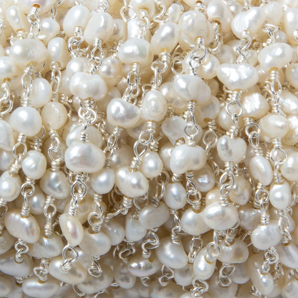 5x4mm Off White Baroque Freshwater Pearl on Silver plated Chain by the foot - Beadsofcambay.com