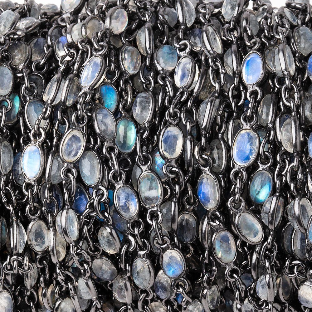 5x4mm Rainbow Moonstone Faceted Oval Cabochon Black Gold .925 Bezeled Chain - Beadsofcambay.com