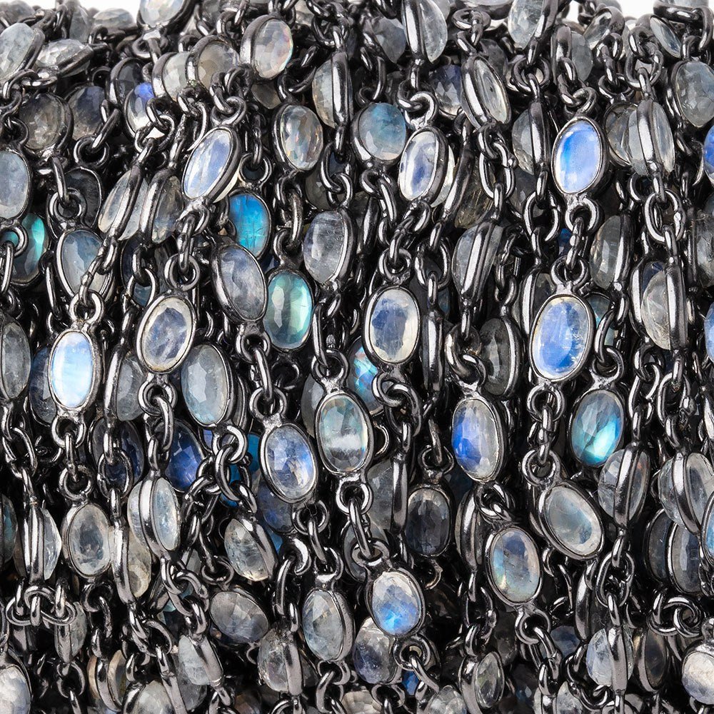 5x4mm Rainbow Moonstone Faceted Oval Cabochon Black Gold .925 Bezeled Chain - Beadsofcambay.com