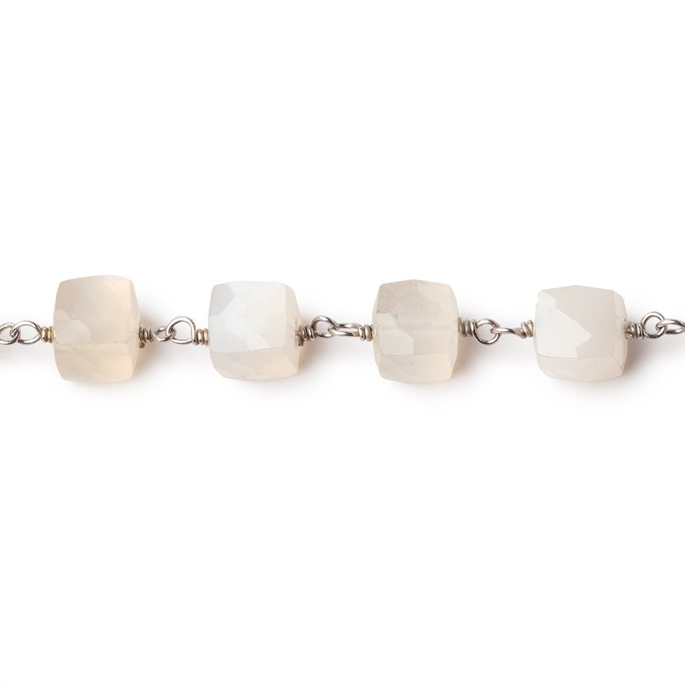 6-6.5mm Cream Moonstone Faceted Cubes on .925 Sterling Silver Chain - Beadsofcambay.com