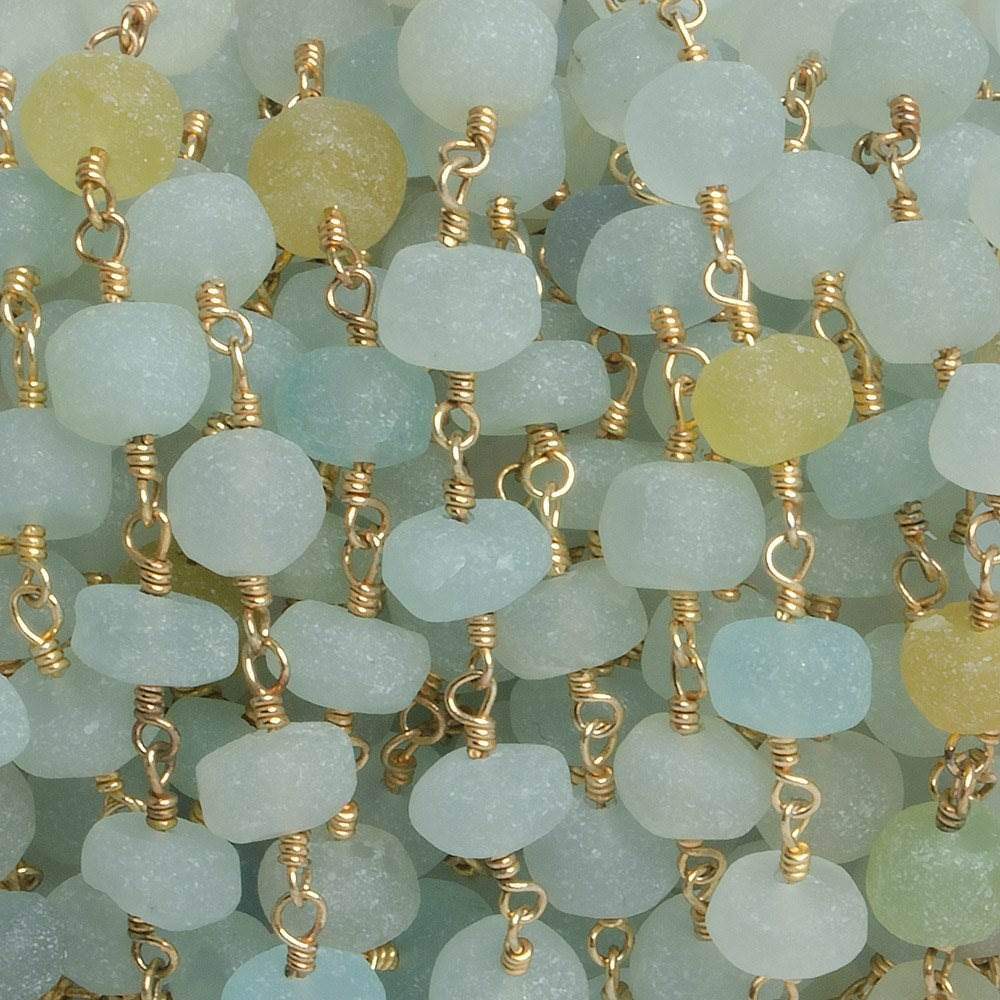 6-7mm Matte Beryl & Aqua rondelle Gold Chain by the foot 30 pieces - Beadsofcambay.com