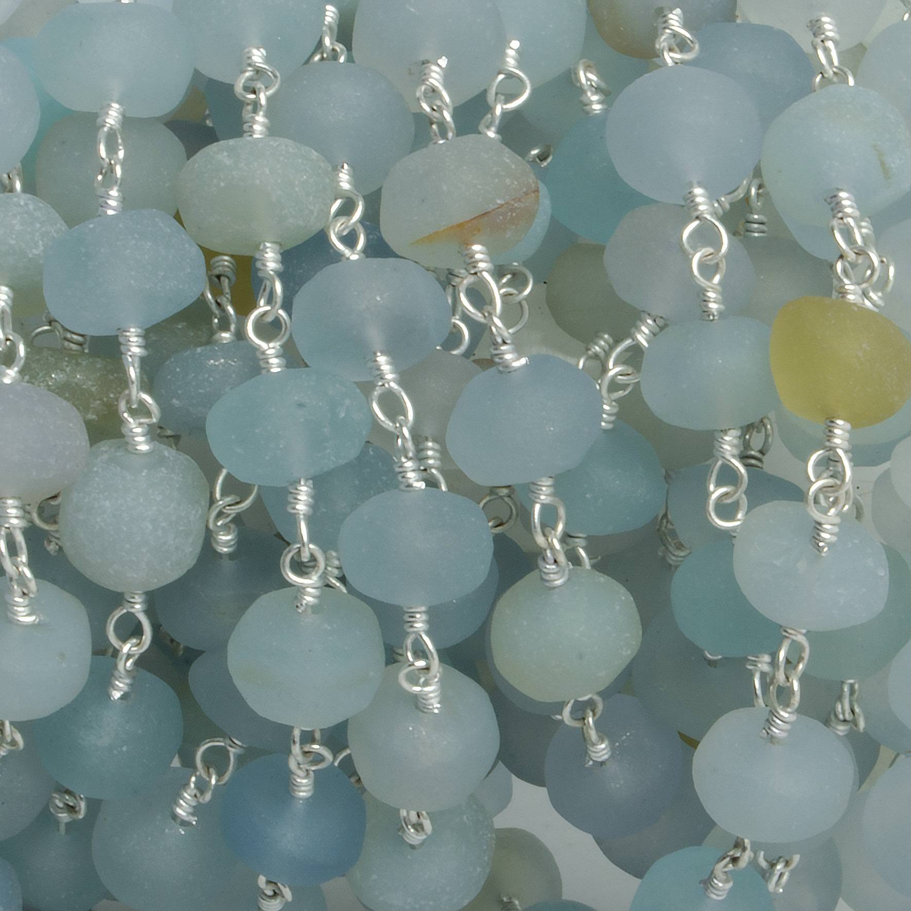 6-7mm Matte Beryl & Aqua rondelle Silver Chain by the foot 30 pieces - Beadsofcambay.com