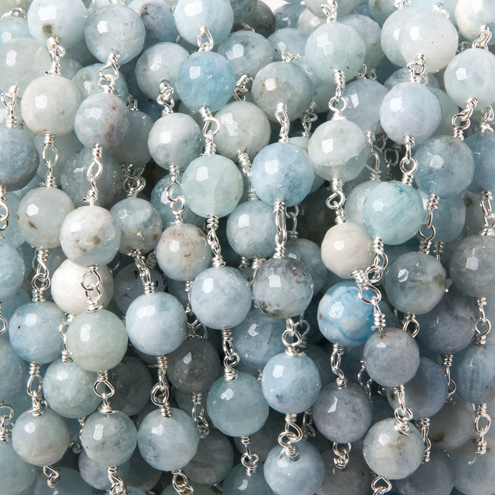 6-7mm Milky Aquamarine faceted round Silver plated Chain by the foot 25 pcs - Beadsofcambay.com