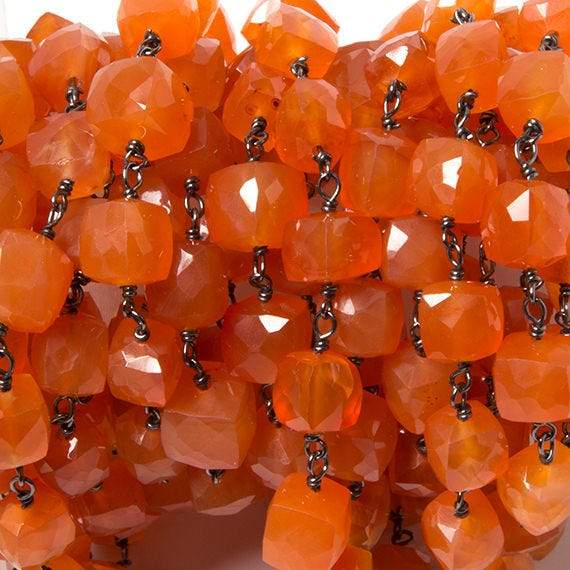 6-8.5mm Carnelian faceted cube Black Gold plated Silver Chain by the foot - Beadsofcambay.com