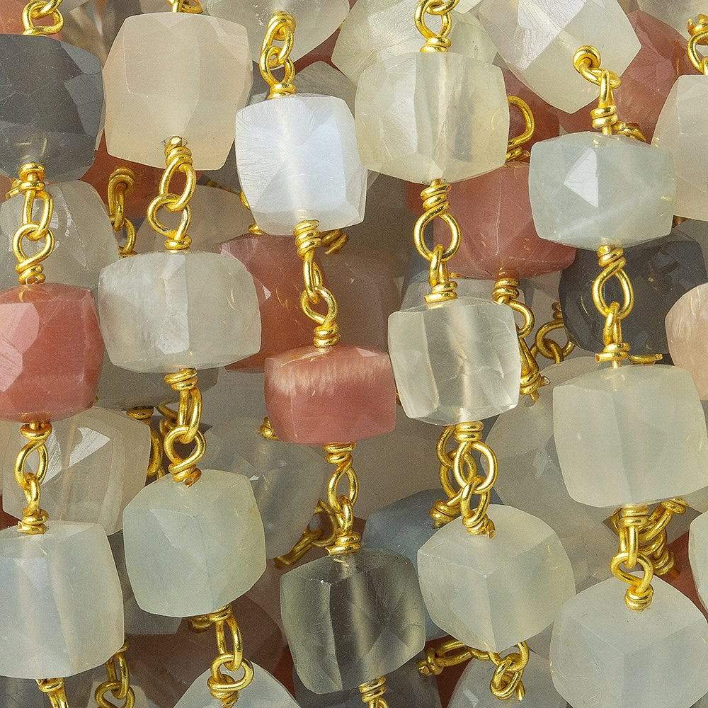 6-8mm MultiColor Moonstone faceted cube Vermeil Chain by the foot - Beadsofcambay.com