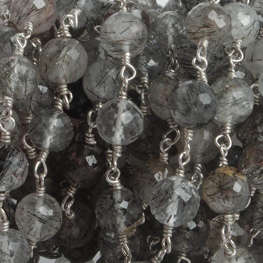 6.5mm Black Tourmalinated Quartz faceted round .925 Silver Chain by the foot 24 pieces - Beadsofcambay.com