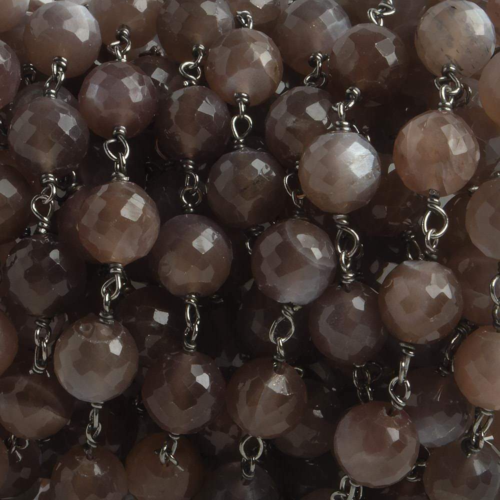6.5mm Chocolate Moonstone faceted round Black Gold .925 Silver Chain by the foot 24 pieces - Beadsofcambay.com