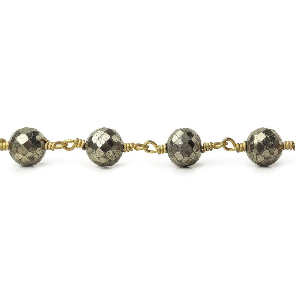 6.5mm Pyrite faceted round Gold plated Chain by the foot 23 beads - Beadsofcambay.com