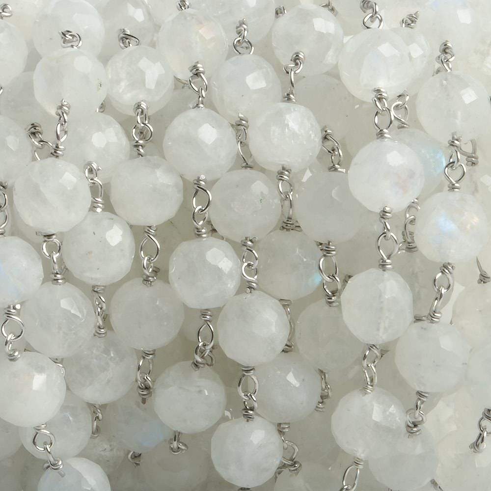 6.5mm Rainbow Moonstone faceted round .925 Silver Chain by the foot 24 pieces - Beadsofcambay.com