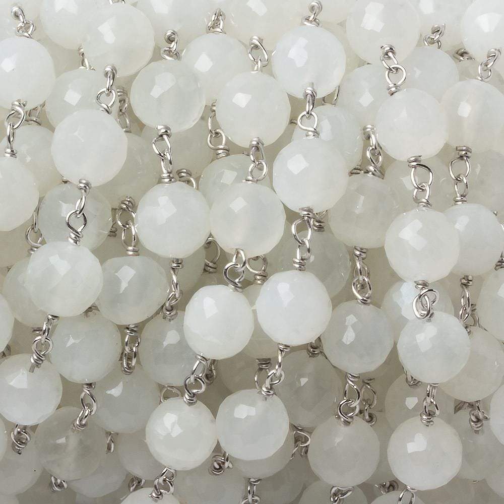 6.5mm White Moonstone faceted round .925 Silver Chain by the foot 24 pieces - Beadsofcambay.com
