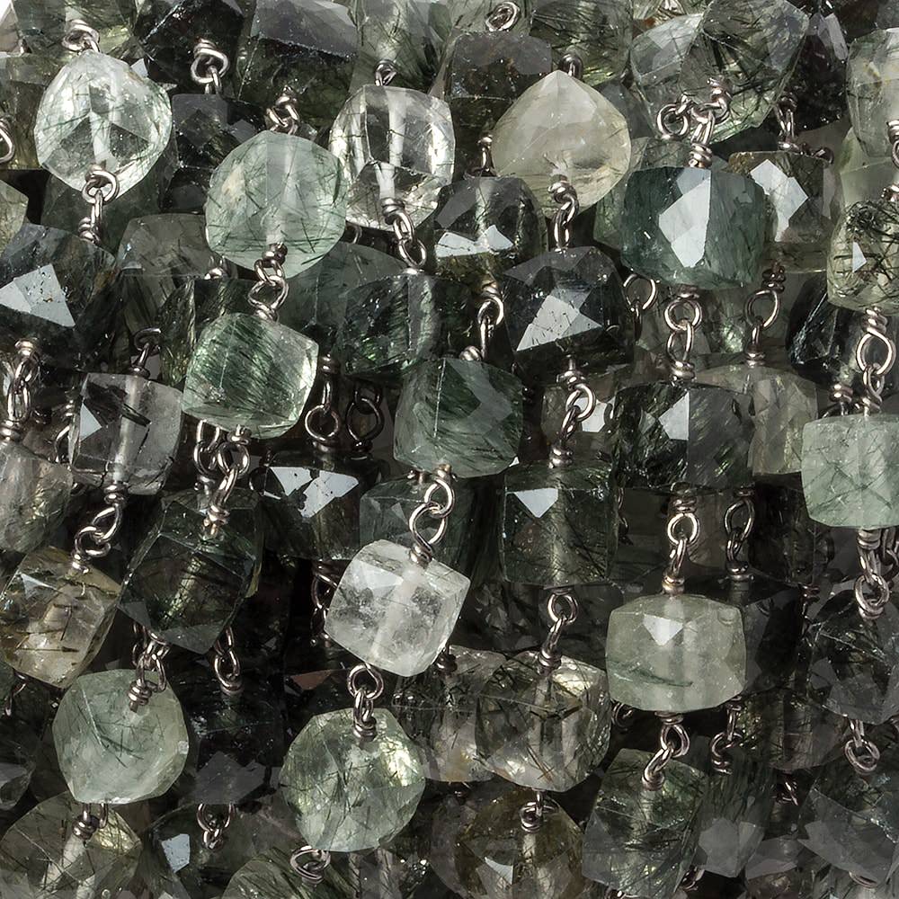 6mm Green Tourmalinated faceted cube Black Gold .925 Silver Chain by the foot 29 pieces - Beadsofcambay.com
