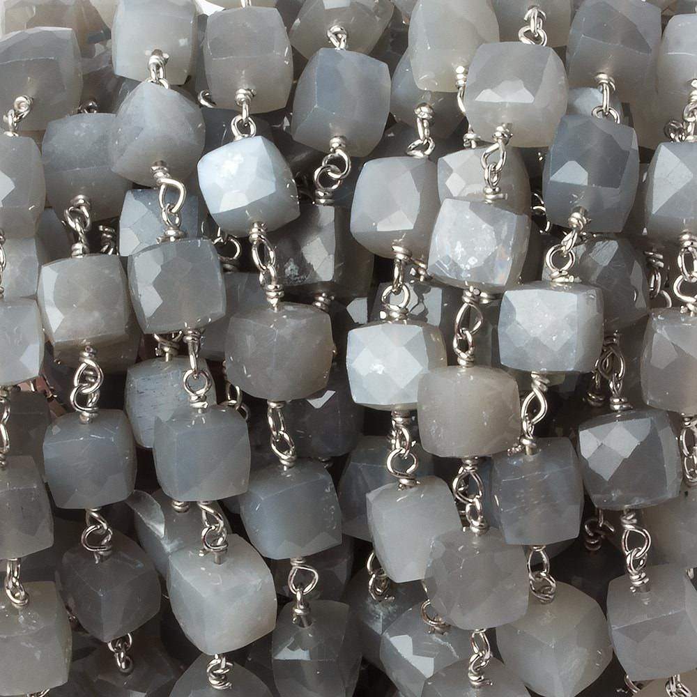 6mm Grey Moonstone faceted cube .925 Silver Chain by the foot 29 pieces - Beadsofcambay.com