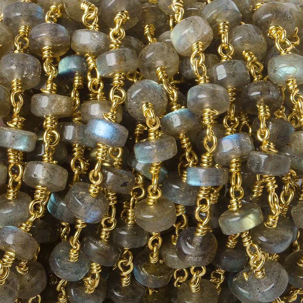 6mm Labradorite plain rondelle Gold Plated Chain by the foot - Beadsofcambay.com