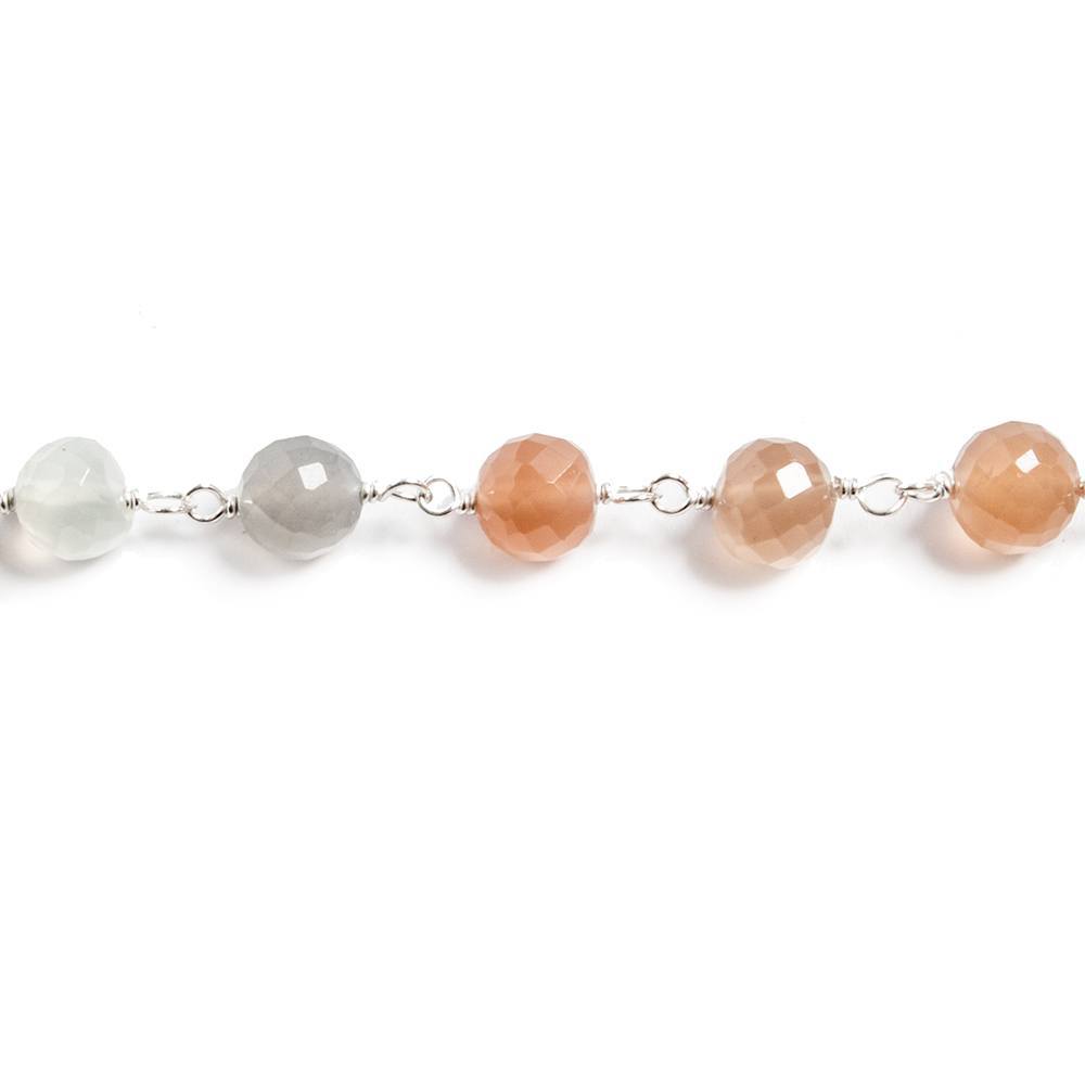 6mm Multi Moonstone faceted round .925 Silver Chain by the foot 27 beads - Beadsofcambay.com