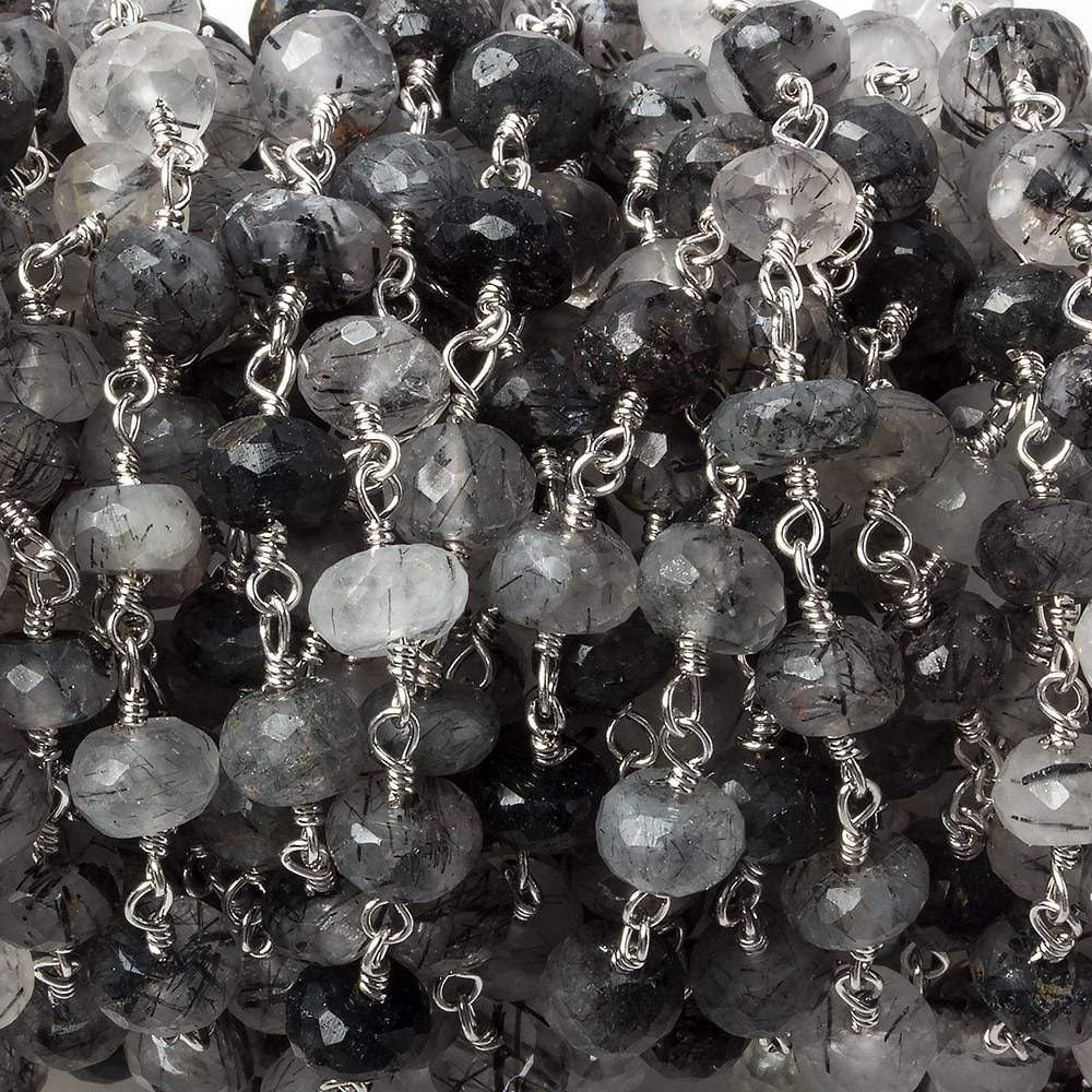 6mm Tourmalinated Quartz faceted rondelle Silver Chain by the foot 30 pieces - Beadsofcambay.com