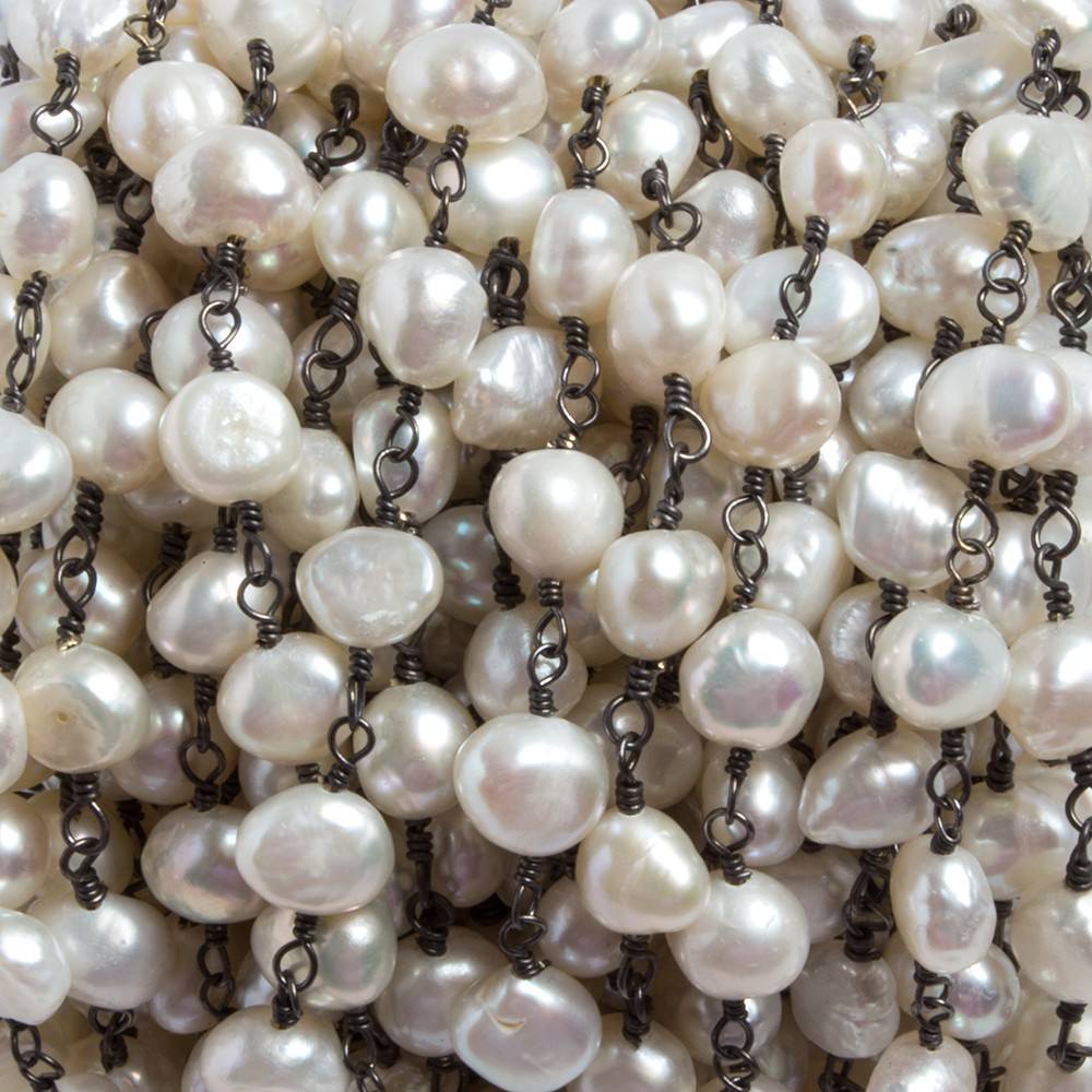 6x5-7x6mm Off White Baroque Pearl Black Gold plated Chain by the foot 25 pcs - Beadsofcambay.com