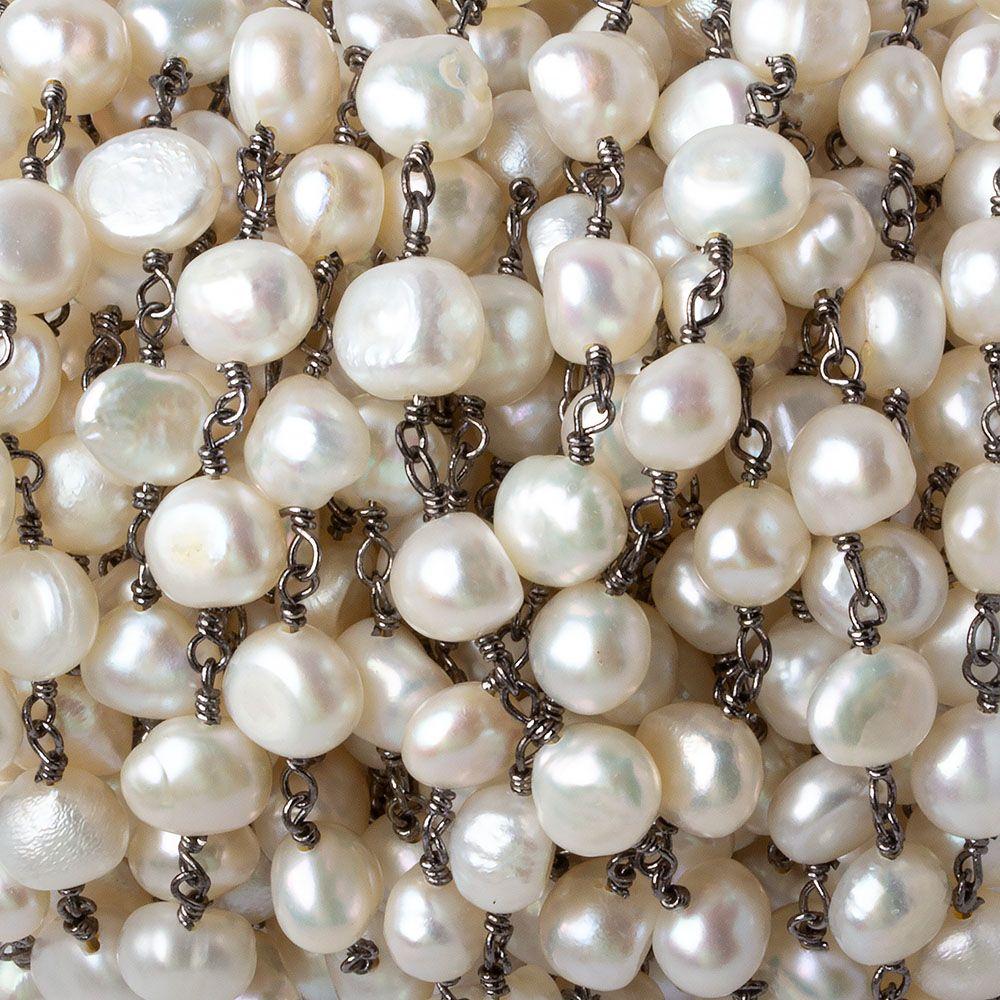 6x5-7x6mm Off White Baroque Pearl Black Gold plated Chain by the foot 25 pcs - Beadsofcambay.com