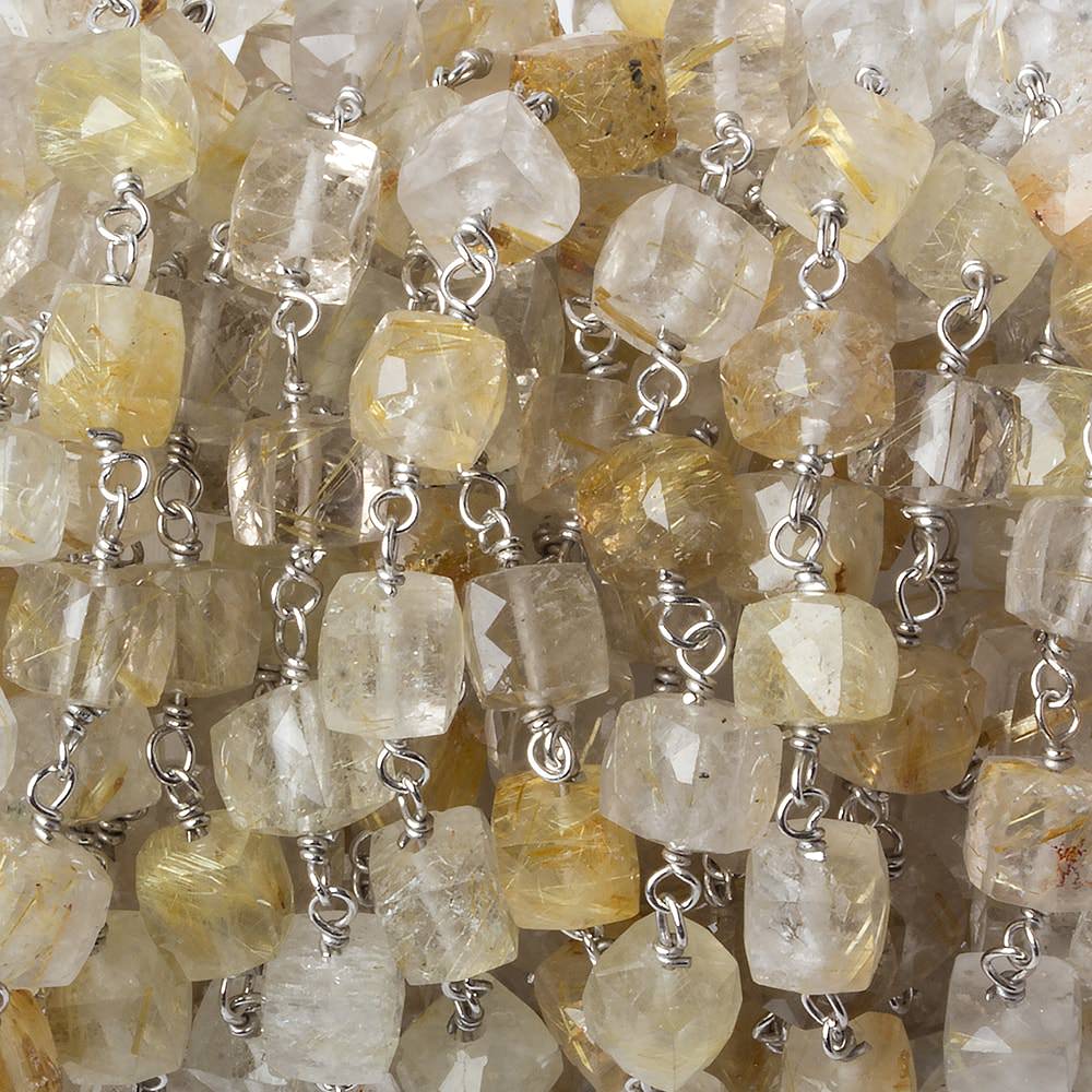 6x6mm Golden Rutilated Quartz cube Silver .925 Chain by the foot 25 pcs - Beadsofcambay.com