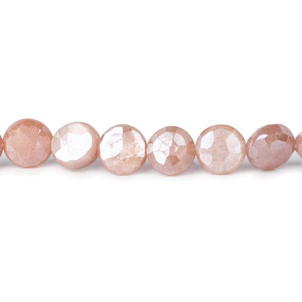 7-8.5mm Mystic Dark Peach Moonstone faceted coins 14 inch 42 beads - Beadsofcambay.com