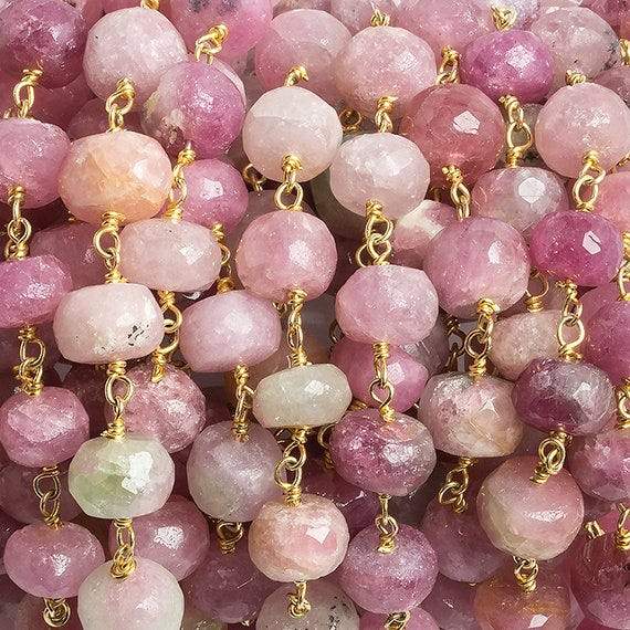 7-8mm Pink Tourmaline faceted rondelle Gold Chain by the foot 27 beads - Beadsofcambay.com