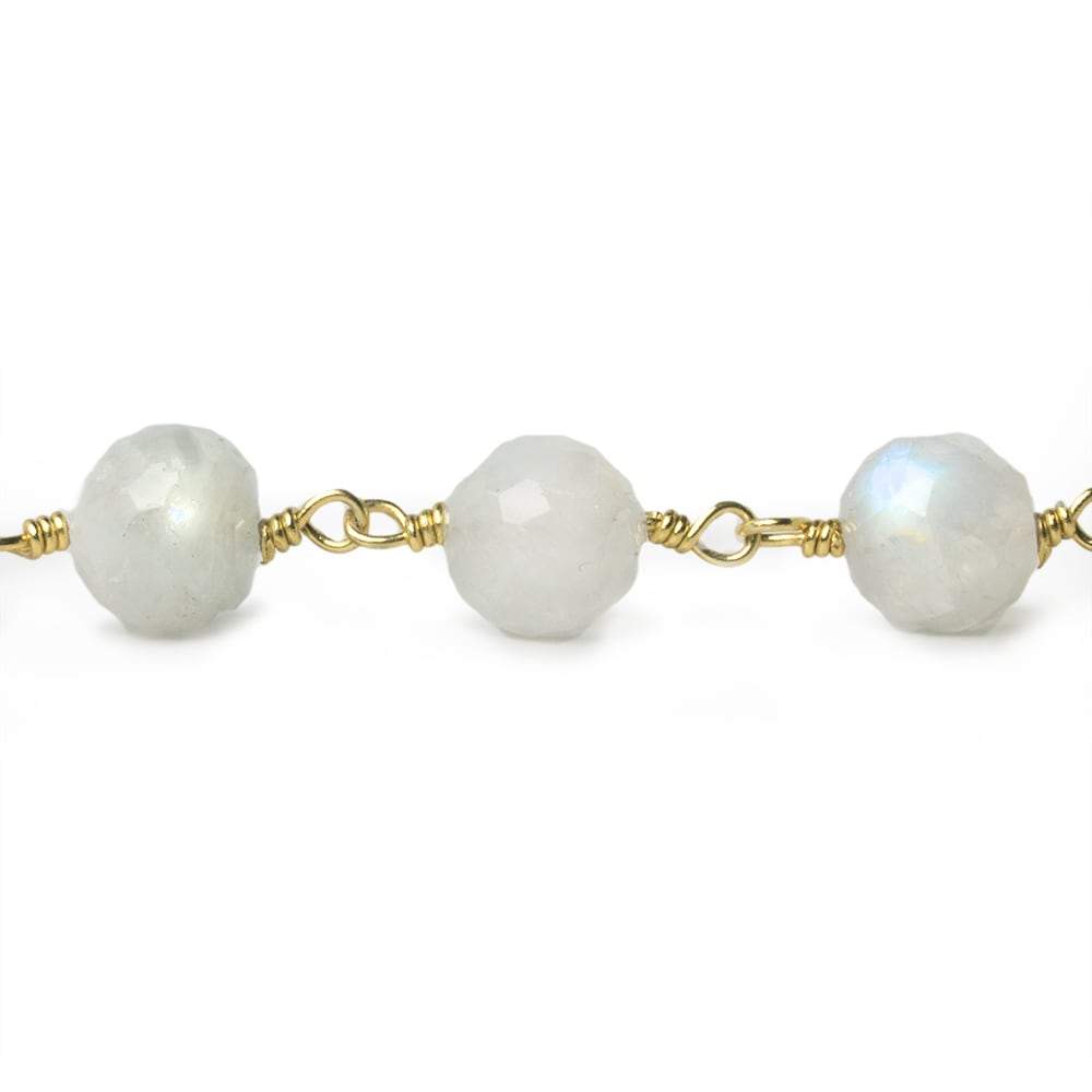 7-8mm Rainbow Moonstone faceted round Gold Chain by the foot 23 pieces - Beadsofcambay.com