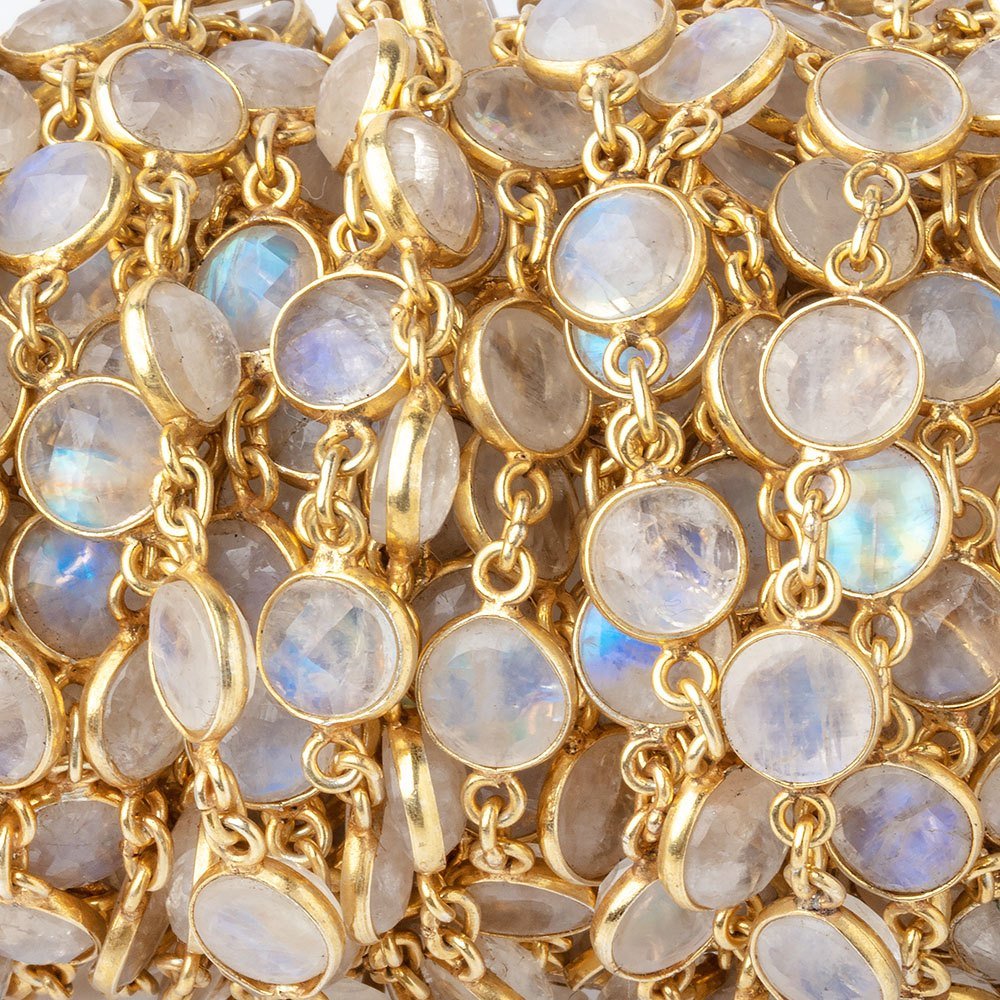 7.5-8mm Rainbow Moonstone Faceted Coin Cabochon Vermeil Bezeled Chain - Beadsofcambay.com