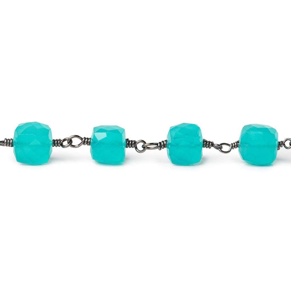7.5-8mm Turquoise Chalcedony cube Black Gold plated Silver Chain by the foot - Beadsofcambay.com