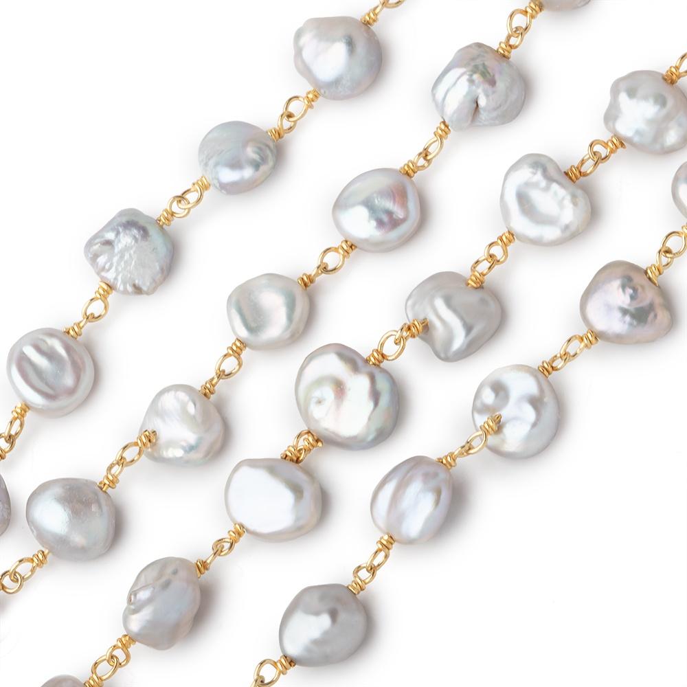 7.5x7-10x8mm Silver Keshi Pearls on Vermeil Chain - LOT of 4 Feet - Beadsofcambay.com