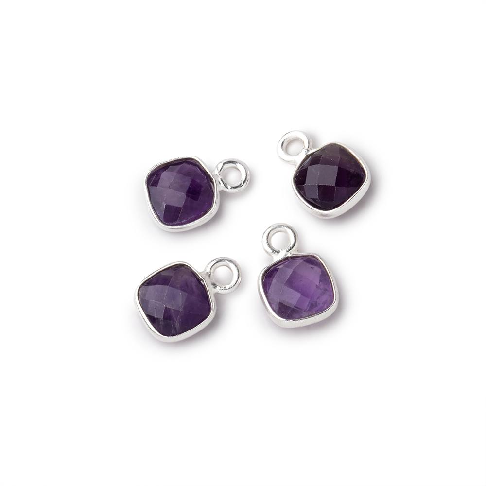 7mm Sterling Silver Bezel Amethyst Faceted Pillow Focal Pendants Set of 4 pieces - Beadsofcambay.com