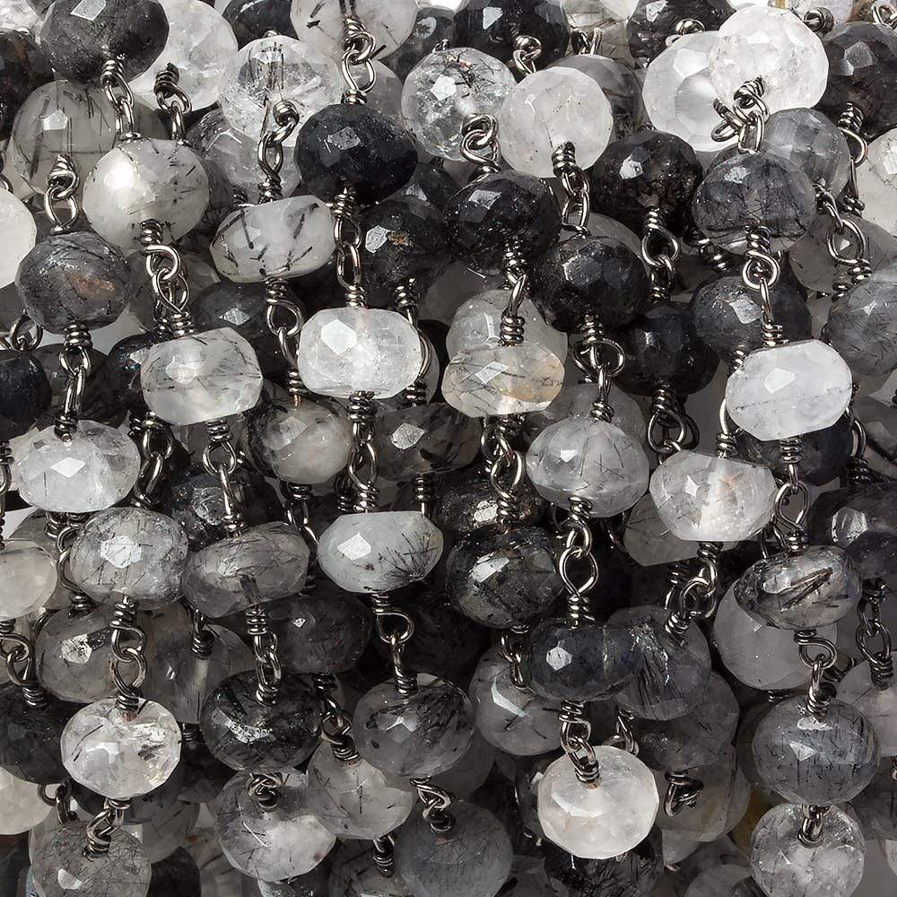 7mm Tourmalinated Quartz faceted rondelle Black Gold Chain by the foot 30 pieces - Beadsofcambay.com