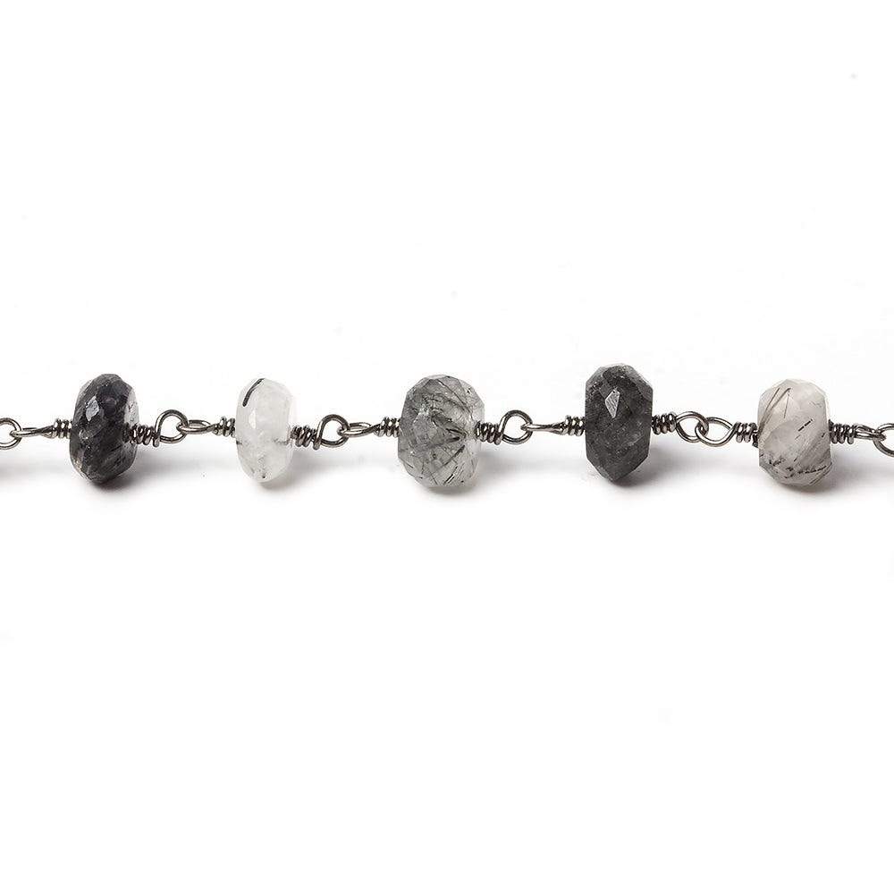7mm Tourmalinated Quartz faceted rondelle Black Gold Chain by the foot 30 pieces - Beadsofcambay.com