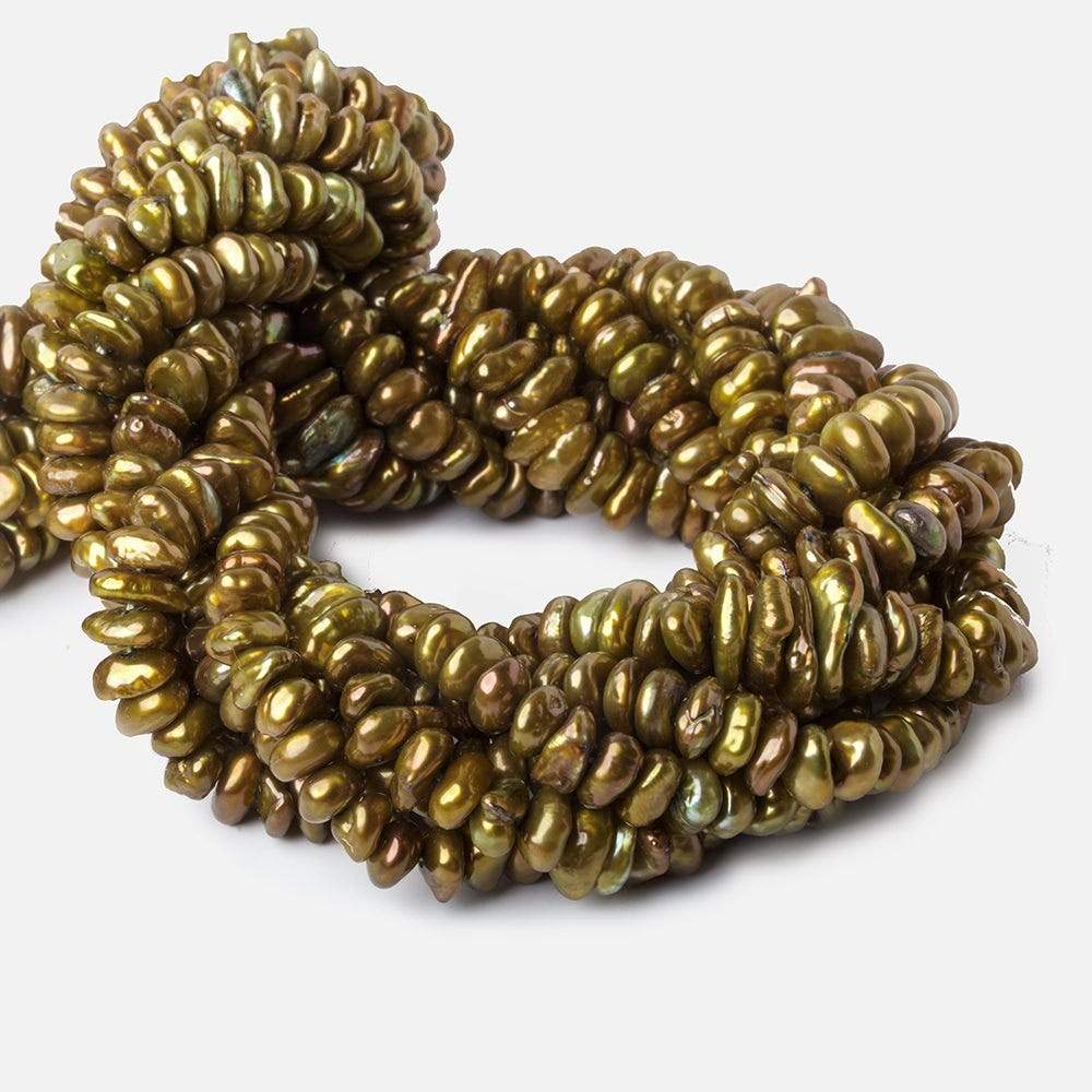 7x3mm Pea Green Center Drilled Keshi Freshwater Pearls 15 inch - Beadsofcambay.com