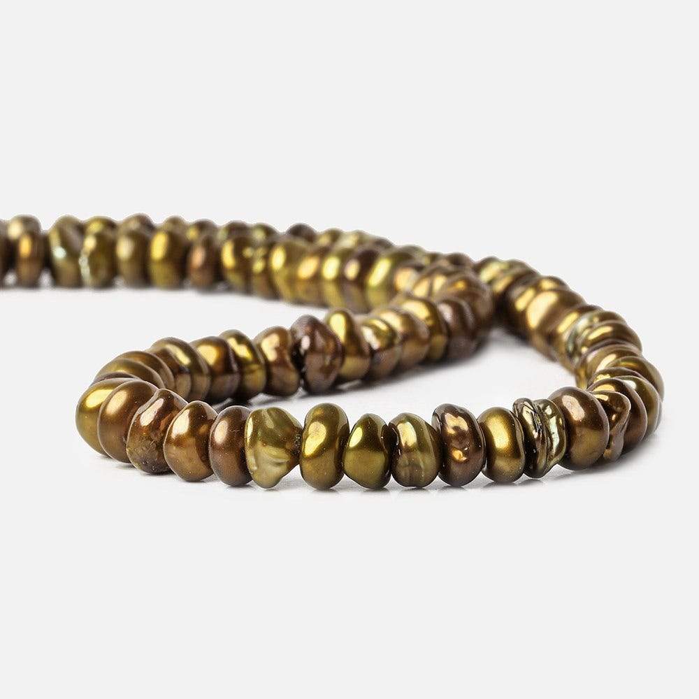 7x3mm Pea Green Center Drilled Keshi Freshwater Pearls 15 inch - Beadsofcambay.com